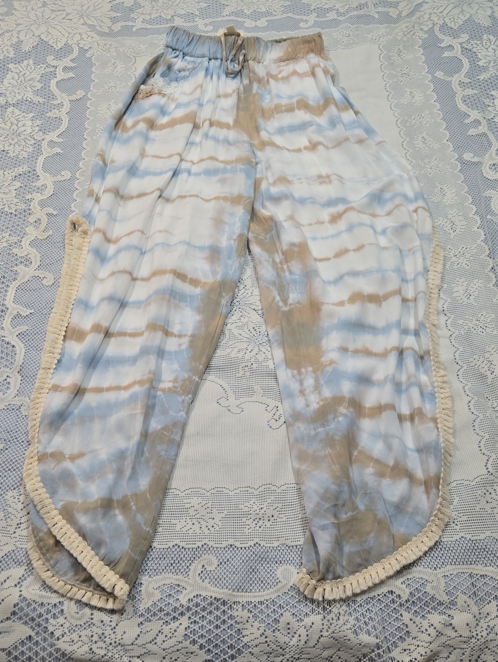 Surf Gypsy Blue & Tan Tie-Dye Wide Leg Pants with Fringe
